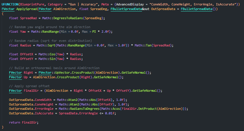 The GetSpread function in the AGunBase class in Angelscript. The GetSpread function in the AGunBase class in Angelscript.