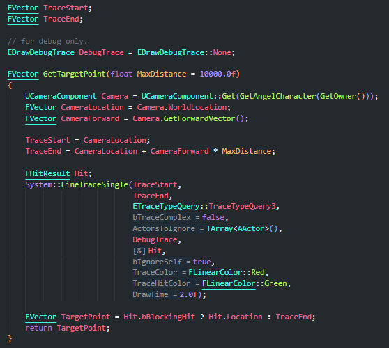 The GetTargetPoint function in the AGunBase class in Angelscript. The GetTargetPoint function in the AGunBase class in Angelscript.