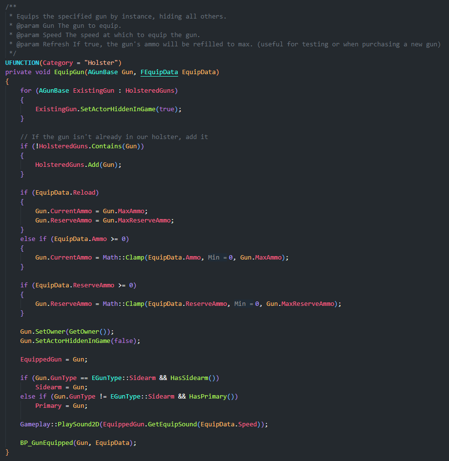 The EquipGun function in the UHolsterComponent class in Angelscript. The EquipGun function in the UHolsterComponent class in Angelscript.