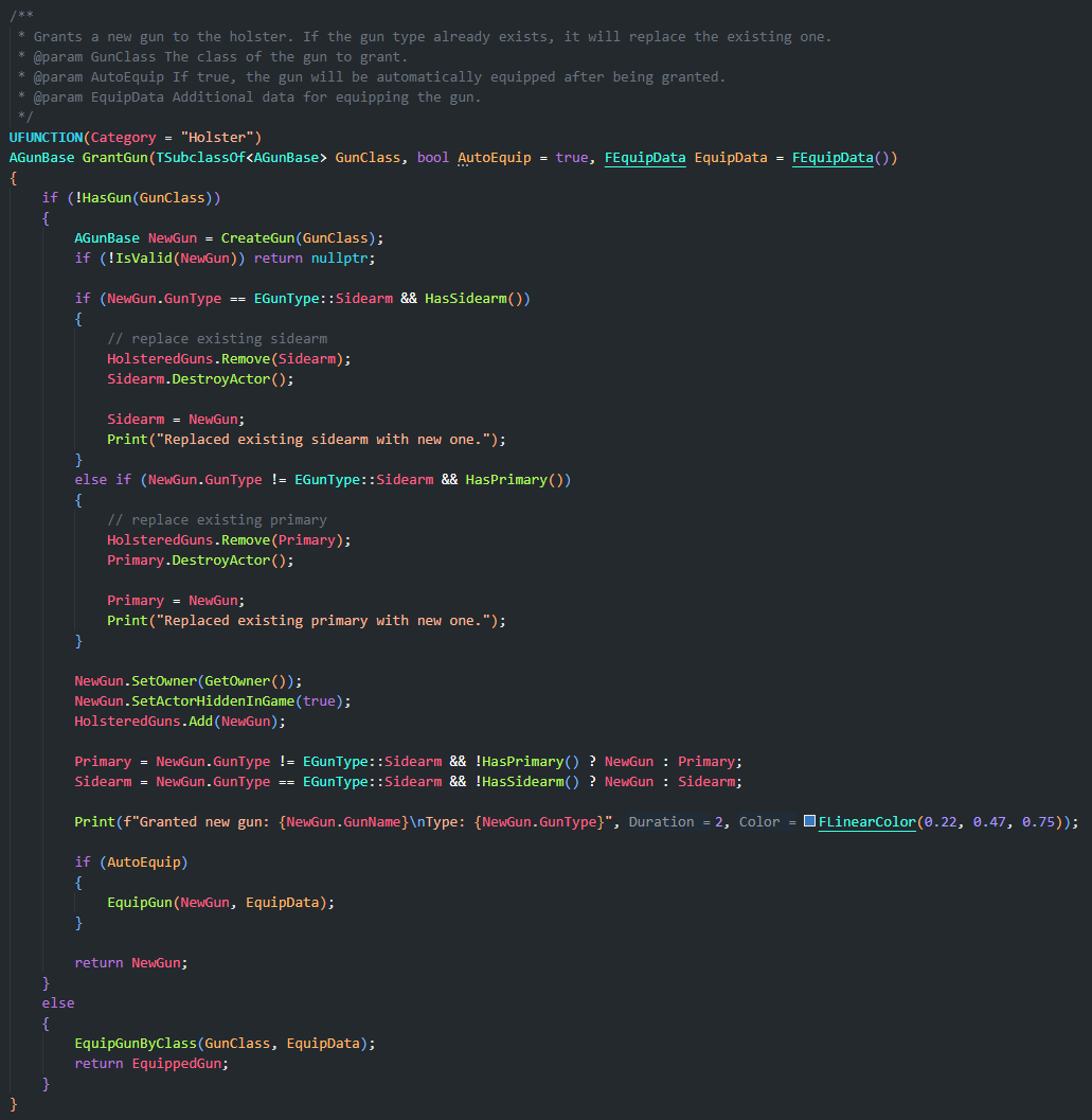 The GrantGun function in the UHolsterComponent class in Angelscript. The GrantGun function in the UHolsterComponent class in Angelscript.