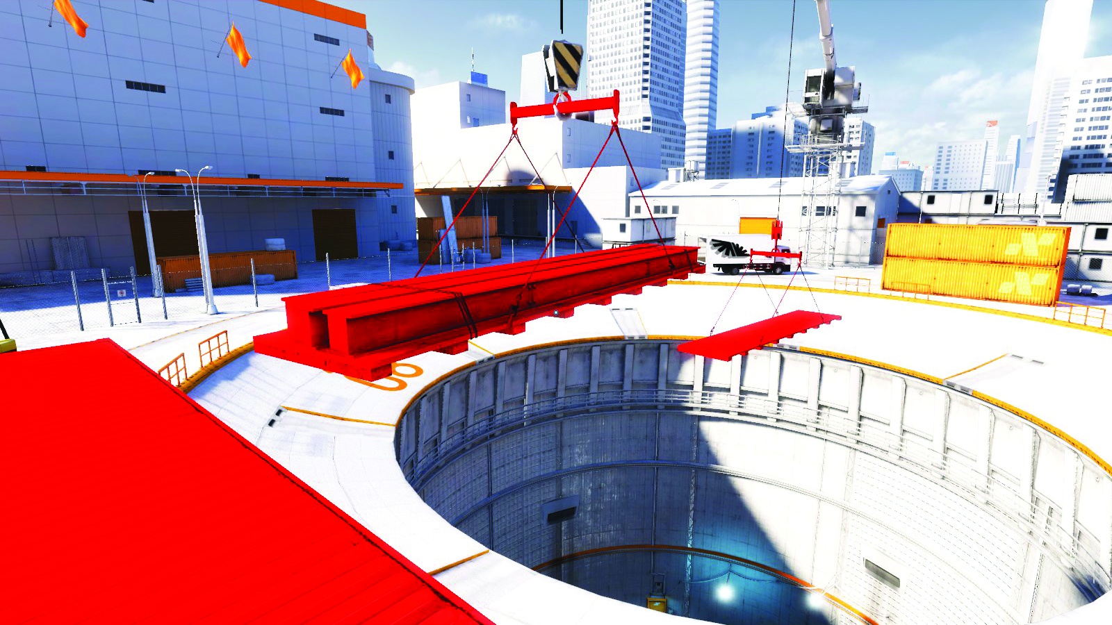 A screenshot from Mirror's Edge showing how interactable objects stand out from the environment. A screenshot from Mirror's Edge showing how interactable objects stand out from the environment.