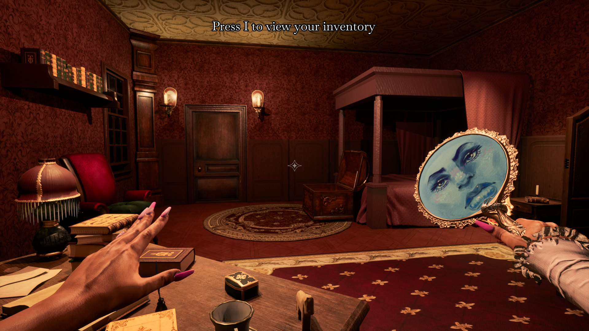Screenshot of the bedroom in Palindra, during the past timeline, holding the time-travel mirror. Screenshot of the bedroom in Palindra, during the past timeline, holding the time-travel mirror.