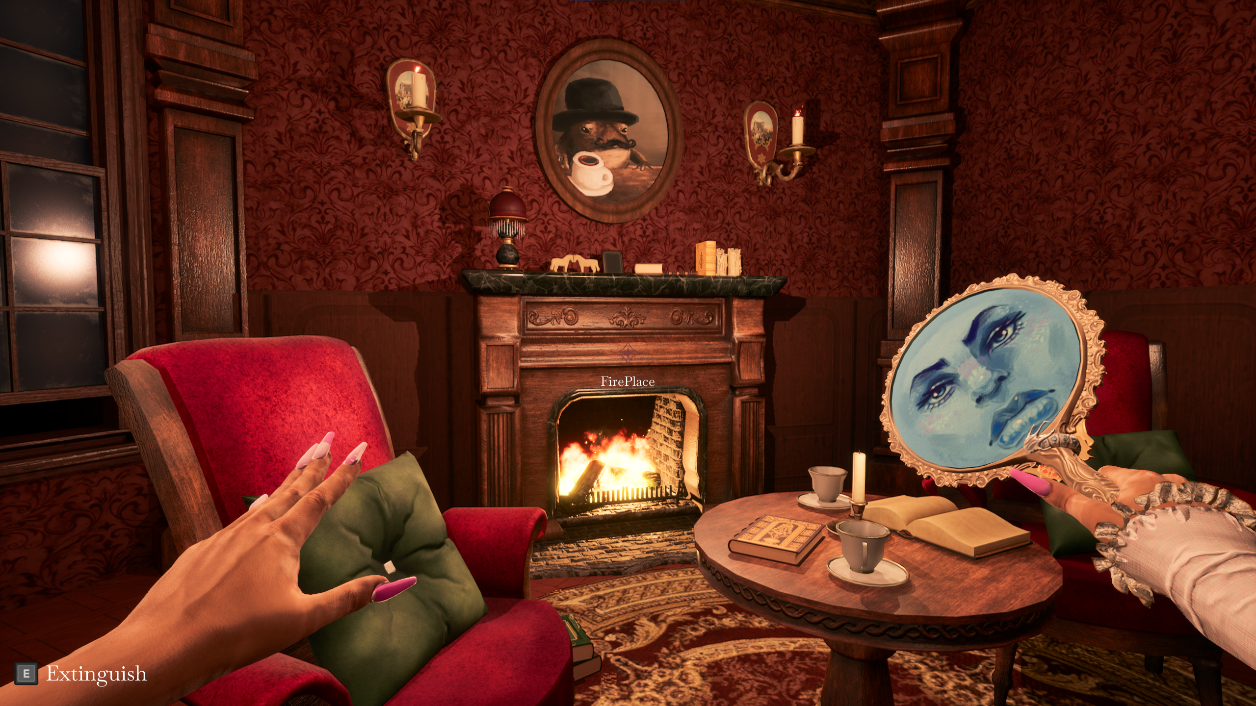 A screenshot from the fireplace room in the 'PAST' timeline in Palindra. A screenshot from the fireplace room in the 'PAST' timeline in Palindra.