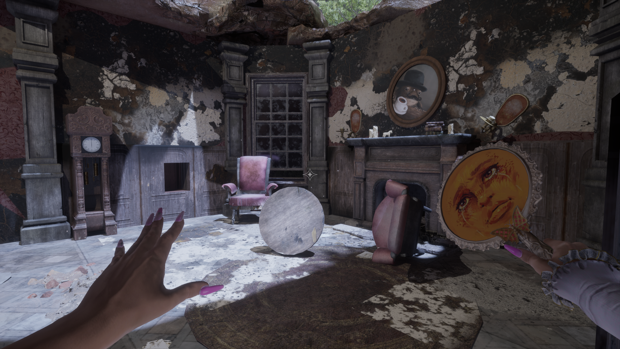 A screenshot from the fireplace room in the 'PRESENT' timeline in Palindra, showing the restored area after extinguishing the fireplace in the past. A screenshot from the fireplace room in the 'PRESENT' timeline in Palindra, showing the restored area after extinguishing the fireplace in the past.